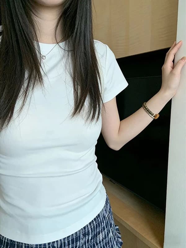 화이트 긍정적 인 어깨 반팔 티셔츠 여성 2026 여름 새로운 몸매 가꾸기 슬림해 보이는 허리 수축 아름다운 자이언트 잘 생긴 ~ 중 작은 맨위 상세 이미지 1