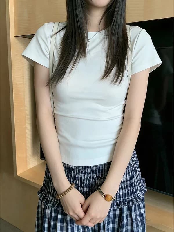 화이트 긍정적 인 어깨 반팔 티셔츠 여성 2026 여름 새로운 몸매 가꾸기 슬림해 보이는 허리 수축 아름다운 자이언트 잘 생긴 ~ 중 작은 맨위 상세 이미지 3