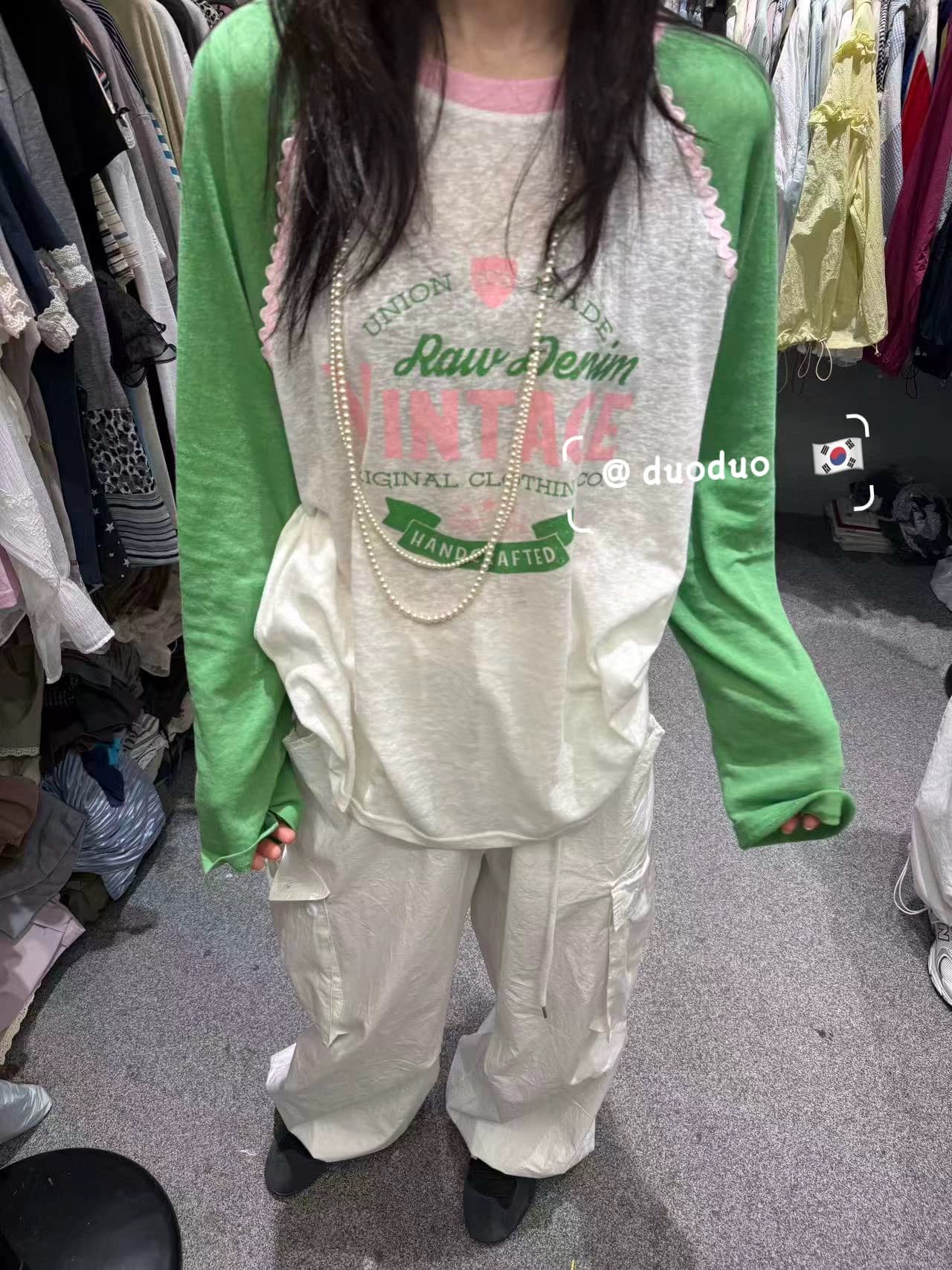 라운드 넥 알파벳 패턴 삽입 어깨 소매 패치워크 색상 얇은 스타일 긴팔 티셔츠 자외선 차단 의류