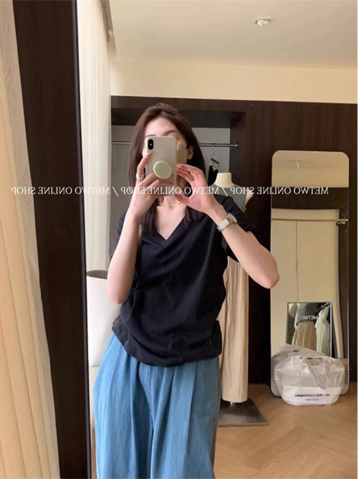 한 부서 순면 회색 긍정적 인 어깨 V넥 반팔 티셔츠 여성 여름 루즈핏 슬림해 보이는 캐주얼 한국 스타일 다용도 미니멀리즘 맨위 상세 이미지 2