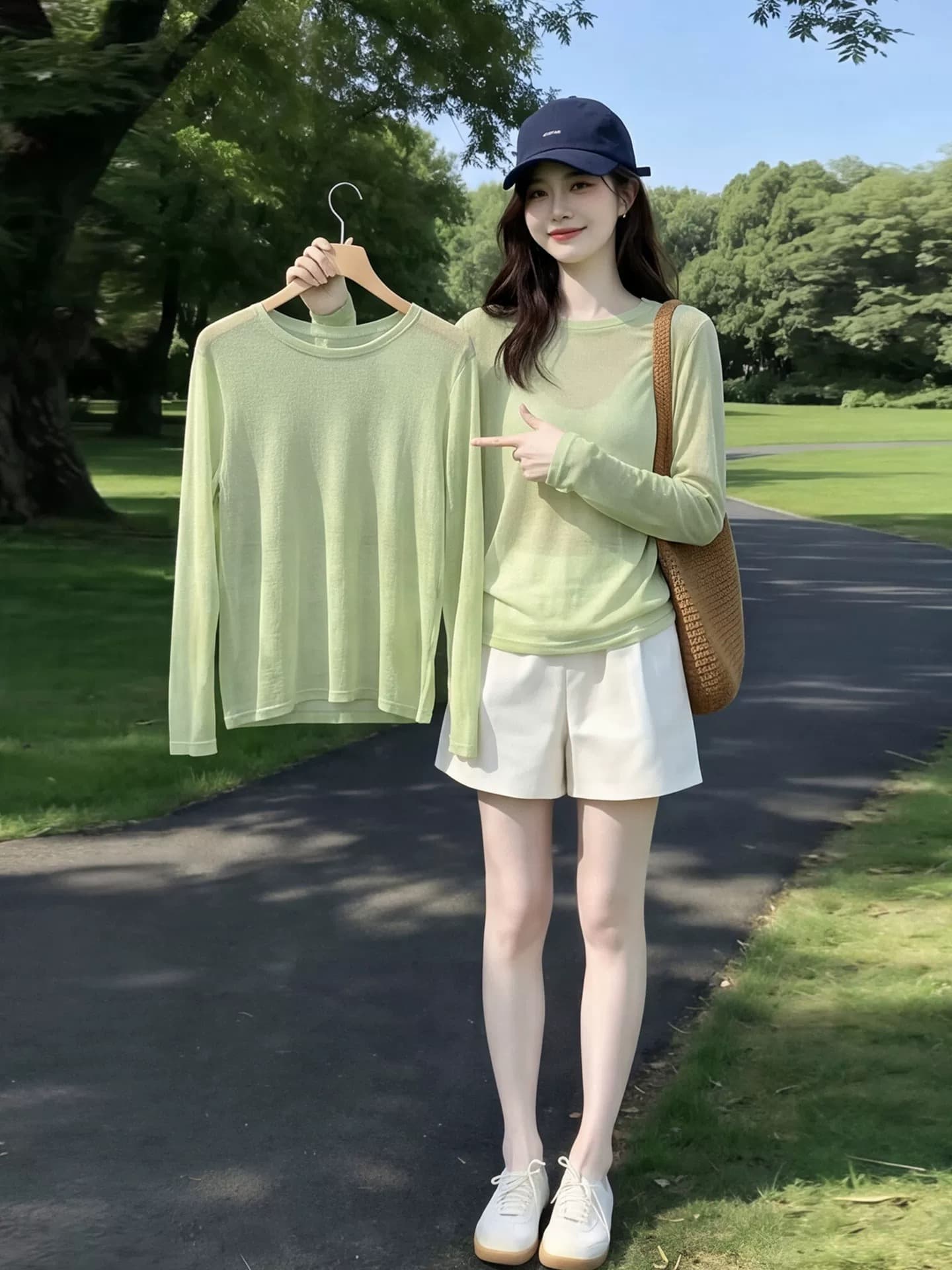도파민 녹색 긴팔 티셔츠 여성 여름 얇은 스타일 루즈핏 슬림해 보이는 외부 가져 가라. 얼음 실크 자외선 차단 에어컨 블라우스 맨위