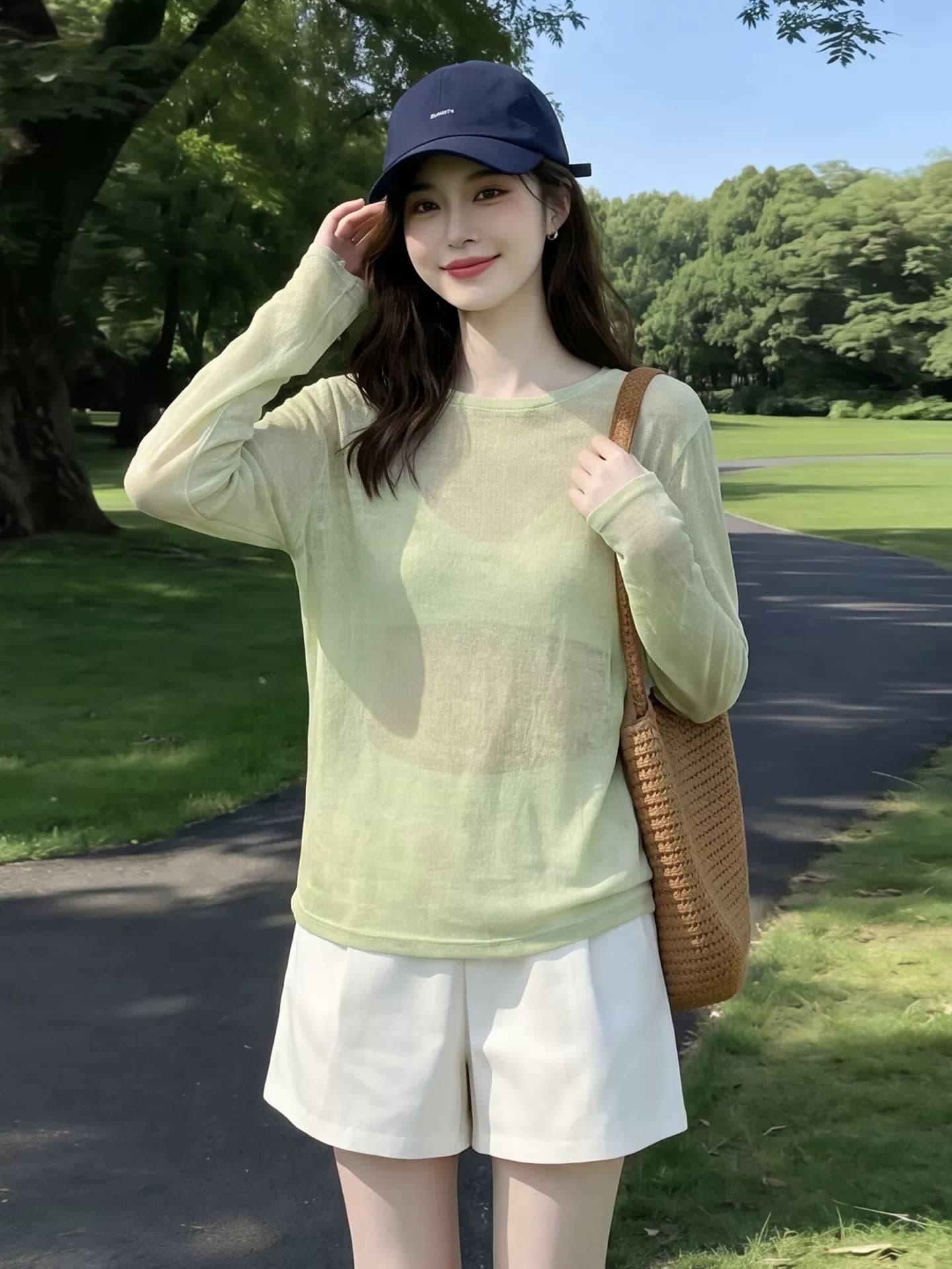 도파민 녹색 긴팔 티셔츠 여성 여름 얇은 스타일 루즈핏 슬림해 보이는 외부 가져 가라. 얼음 실크 자외선 차단 에어컨 블라우스 맨위 이미지 4