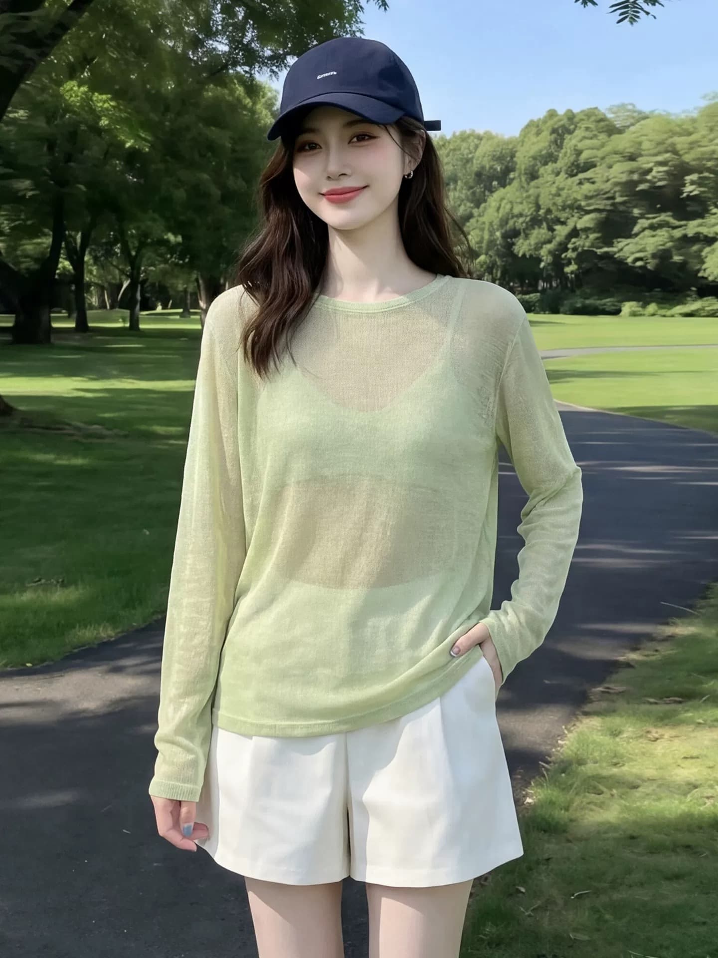 도파민 녹색 긴팔 티셔츠 여성 여름 얇은 스타일 루즈핏 슬림해 보이는 외부 가져 가라. 얼음 실크 자외선 차단 에어컨 블라우스 맨위 이미지 2