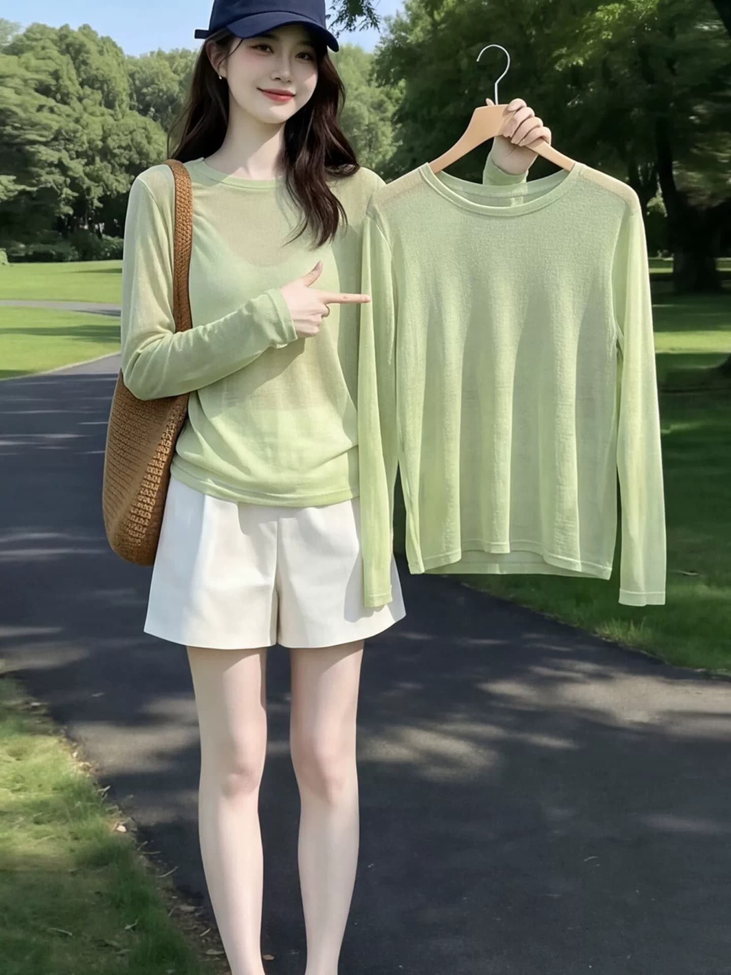 도파민 녹색 긴팔 티셔츠 여성 여름 얇은 스타일 루즈핏 슬림해 보이는 외부 가져 가라. 얼음 실크 자외선 차단 에어컨 블라우스 맨위 상세 이미지 1
