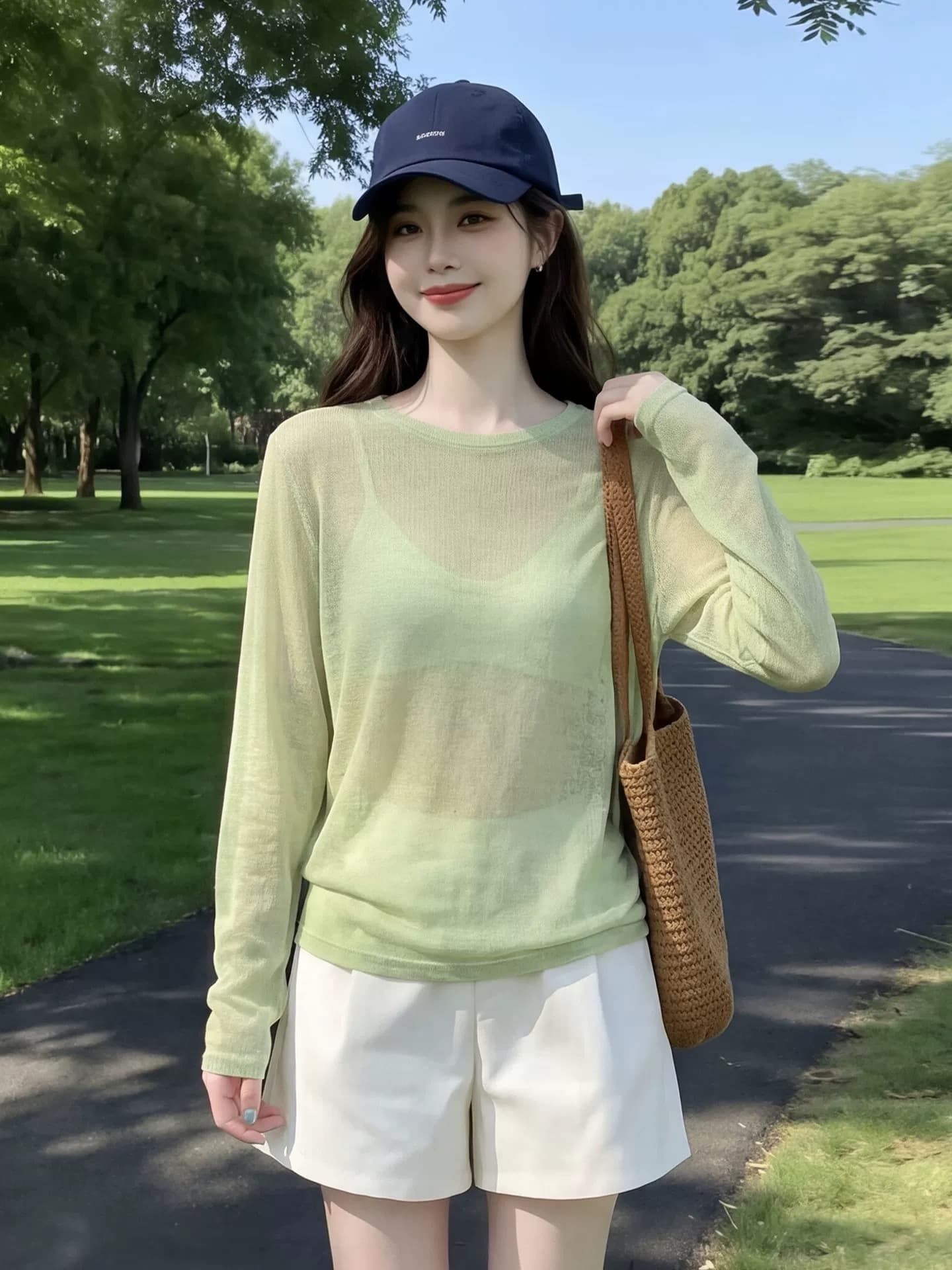 도파민 녹색 긴팔 티셔츠 여성 여름 얇은 스타일 루즈핏 슬림해 보이는 외부 가져 가라. 얼음 실크 자외선 차단 에어컨 블라우스 맨위 상세 이미지 6