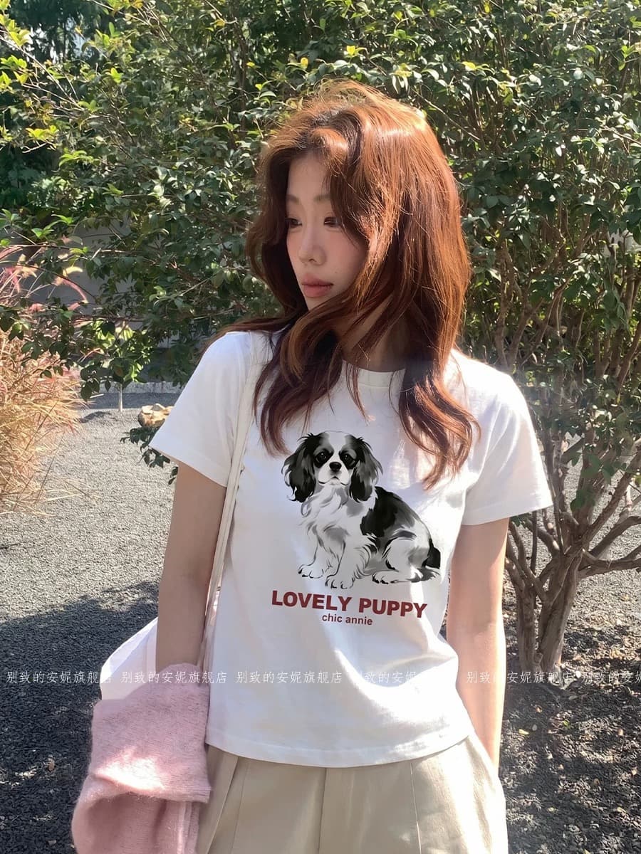 화이트 긍정적 인 어깨 강아지 프린트 반팔 티셔츠 여성 여름 핫걸 몸매 가꾸기 쇼트 스타일 동정 작은 날다 소매 품격 맨위 이미지 4