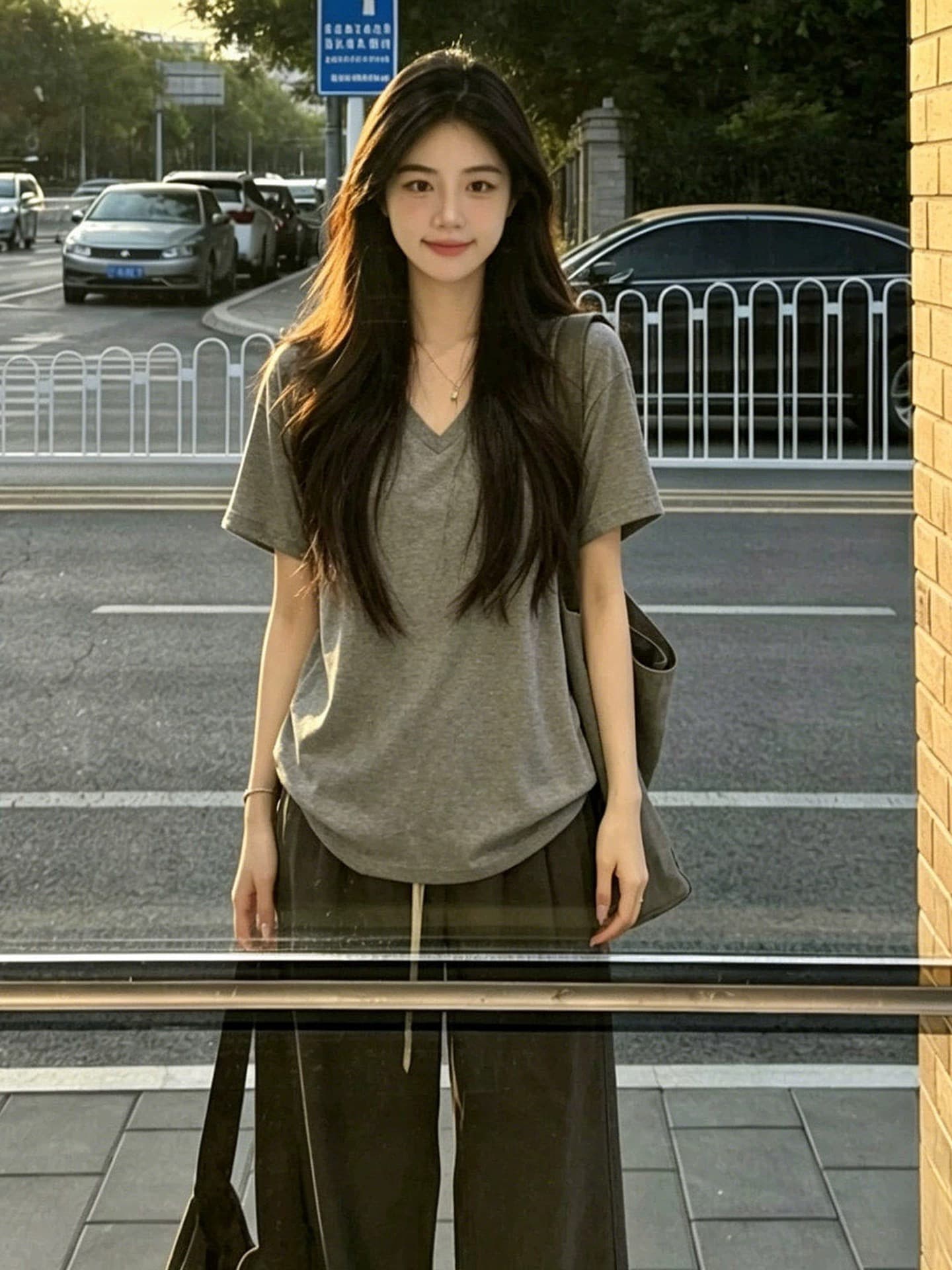 한 부서 미니멀리즘 캐주얼 V넥 회색 반팔 티셔츠 여성 여름 오래된 돈 바람 느긋한 루즈핏 다용도 반소매 긍정적 인 어깨 의류 상세 이미지 5