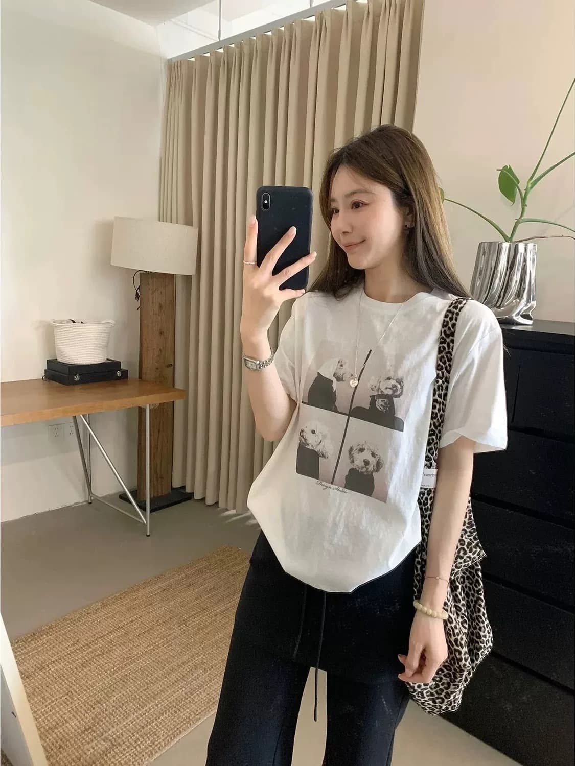 한 부서 chic 착용 가져 가라. 강아지 프린트 라운드 넥 반팔 티셔츠 여성 여름 캐주얼 루즈핏 다용도 동정 맨위 얇은 상세 이미지 4