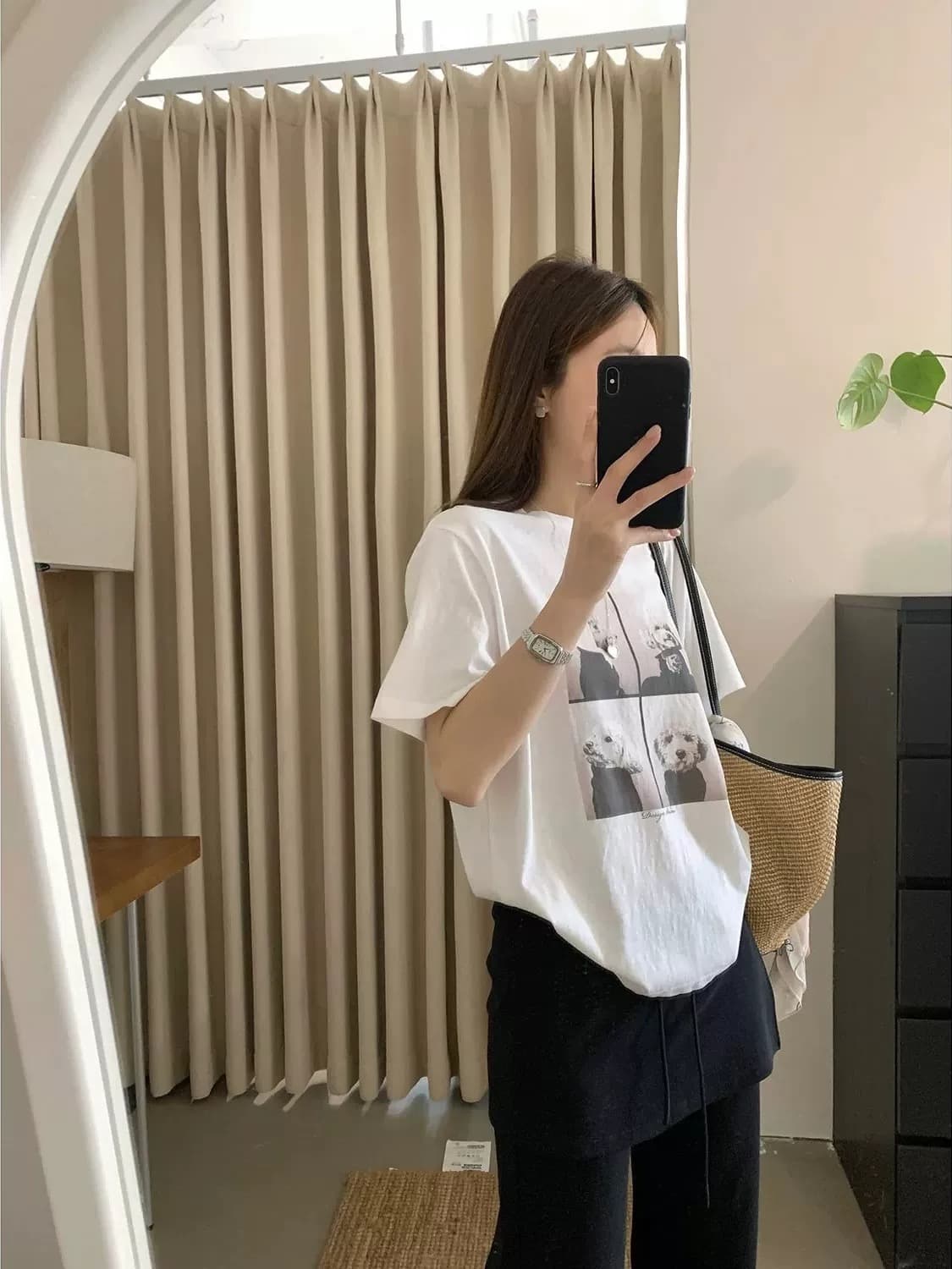 한 부서 chic 착용 가져 가라. 강아지 프린트 라운드 넥 반팔 티셔츠 여성 여름 캐주얼 루즈핏 다용도 동정 맨위 얇은 상세 이미지 5
