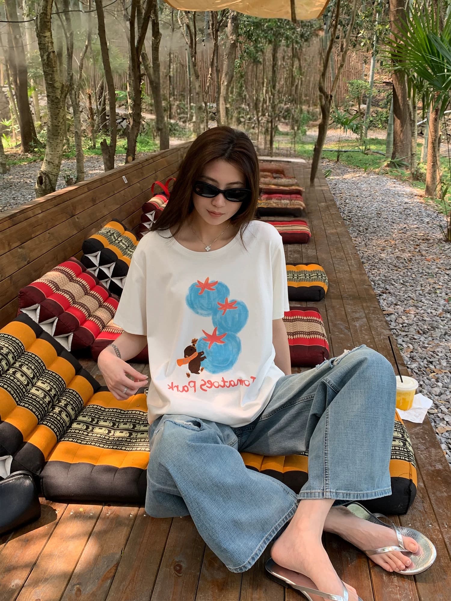 한 부서 만화 과일 작은 곰 프린트 화이트 반팔 티셔츠 여성 여름 얇은 스타일 라운드 넥 루즈핏 느긋한 바람 맨위 상세 이미지 6