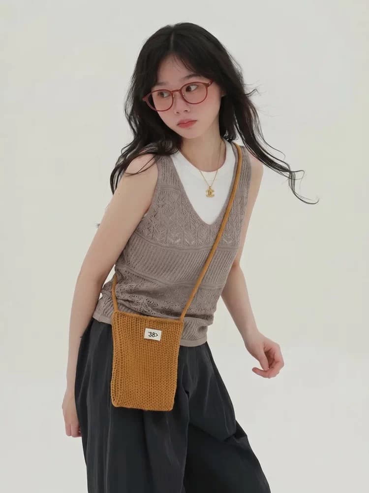 살구 색상 홀로우 아웃 니트 캐미솔 여름 새로운 그리고 종이 실 부드럽다 빛 사람들 코치 착용 잡아라. 의류 이미지 2