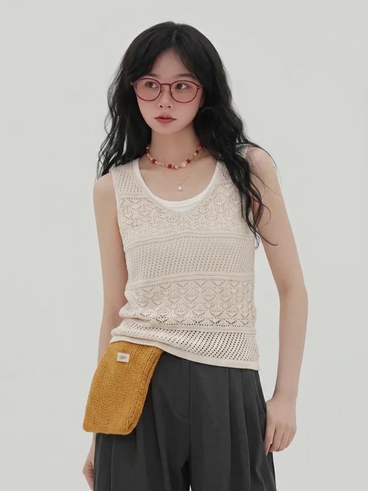 살구 색상 홀로우 아웃 니트 캐미솔 여름 새로운 그리고 종이 실 부드럽다 빛 사람들 코치 착용 잡아라. 의류 이미지 4