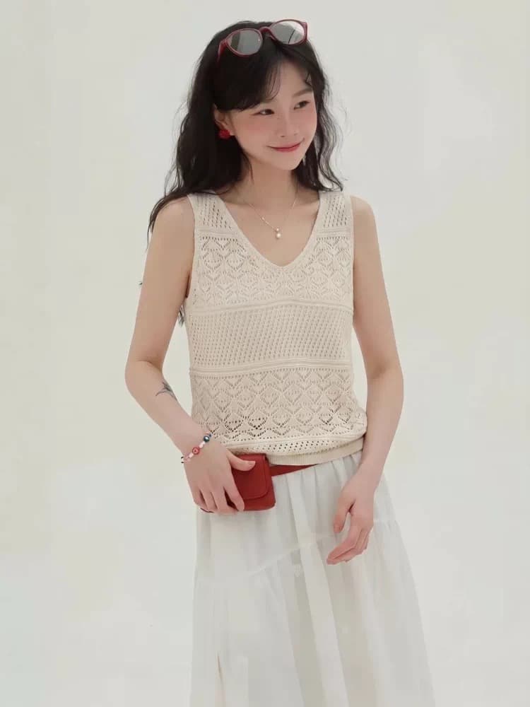 살구 색상 홀로우 아웃 니트 캐미솔 여름 새로운 그리고 종이 실 부드럽다 빛 사람들 코치 착용 잡아라. 의류 상세 이미지 2