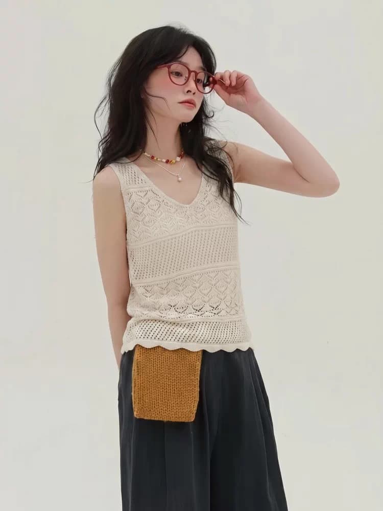 살구 색상 홀로우 아웃 니트 캐미솔 여름 새로운 그리고 종이 실 부드럽다 빛 사람들 코치 착용 잡아라. 의류 상세 이미지 3