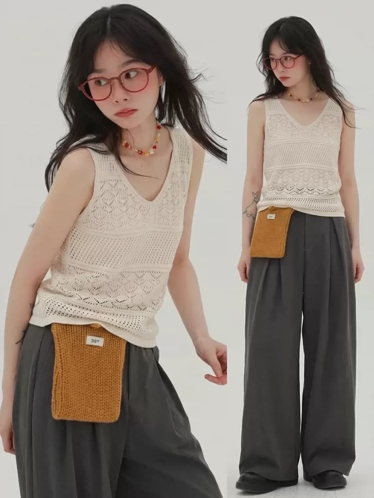 살구 색상 홀로우 아웃 니트 캐미솔 여름 새로운 그리고 종이 실 부드럽다 빛 사람들 코치 착용 잡아라. 의류 상세 이미지 7