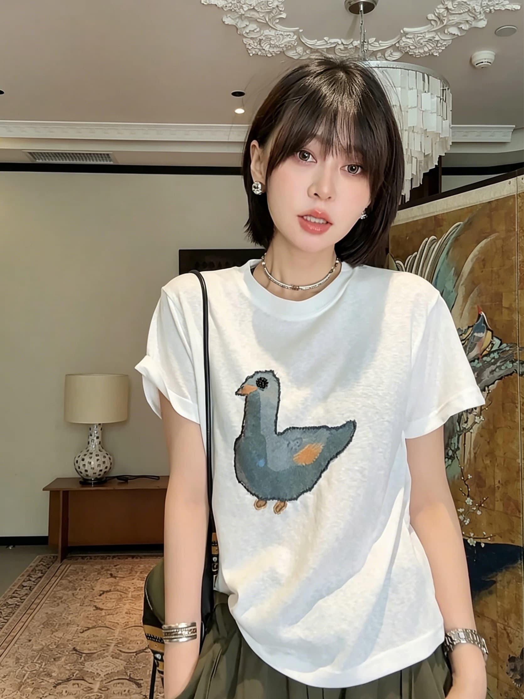 한 부서 만화 비둘기 프린트 화이트 눈꽃 면 반팔 여성 여름 얇은 스타일 차가운 센스 마이크로 ~을 통해 루즈핏 티셔츠 맨위