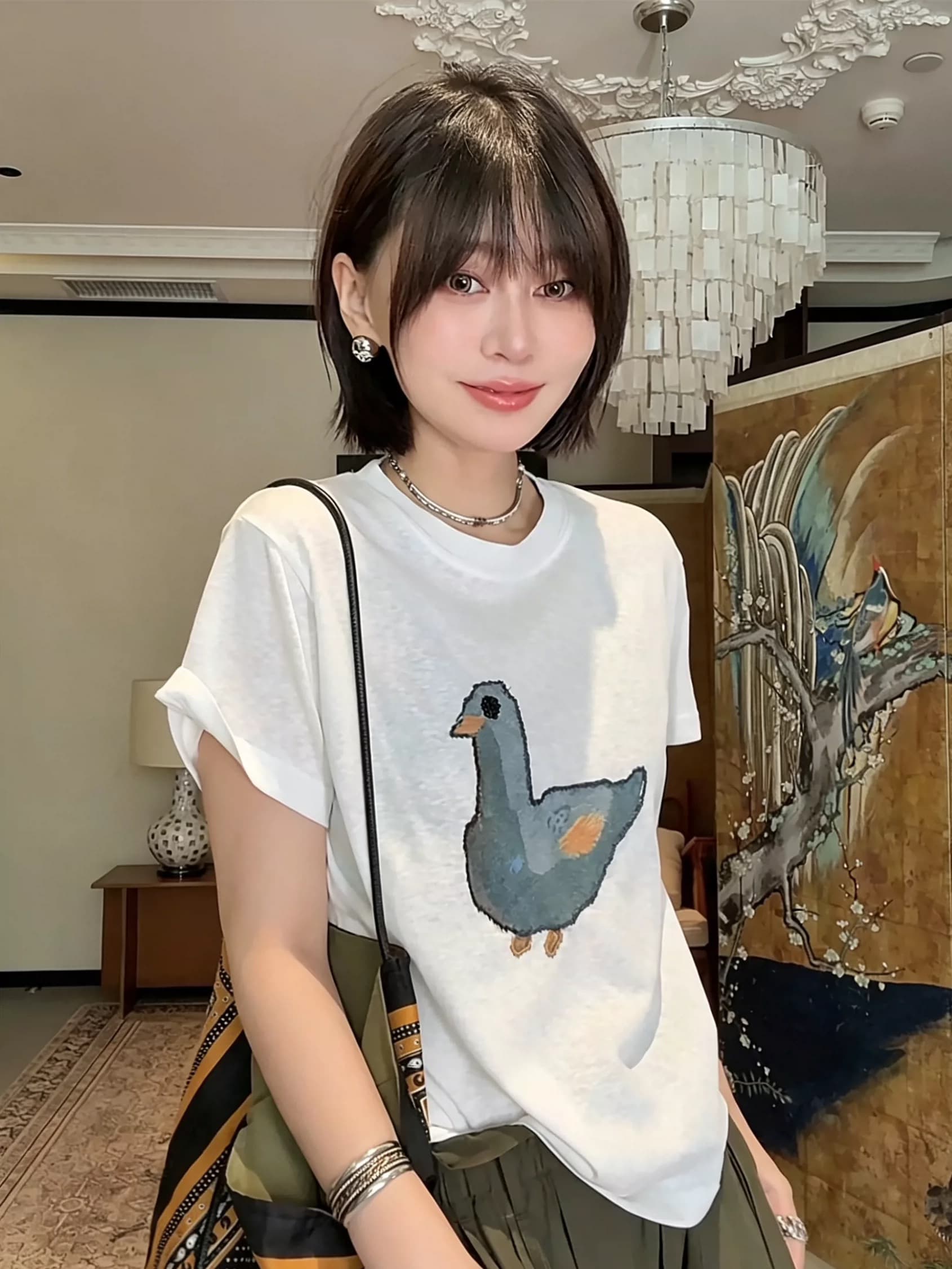 한 부서 만화 비둘기 프린트 화이트 눈꽃 면 반팔 여성 여름 얇은 스타일 차가운 센스 마이크로 ~을 통해 루즈핏 티셔츠 맨위 이미지 4