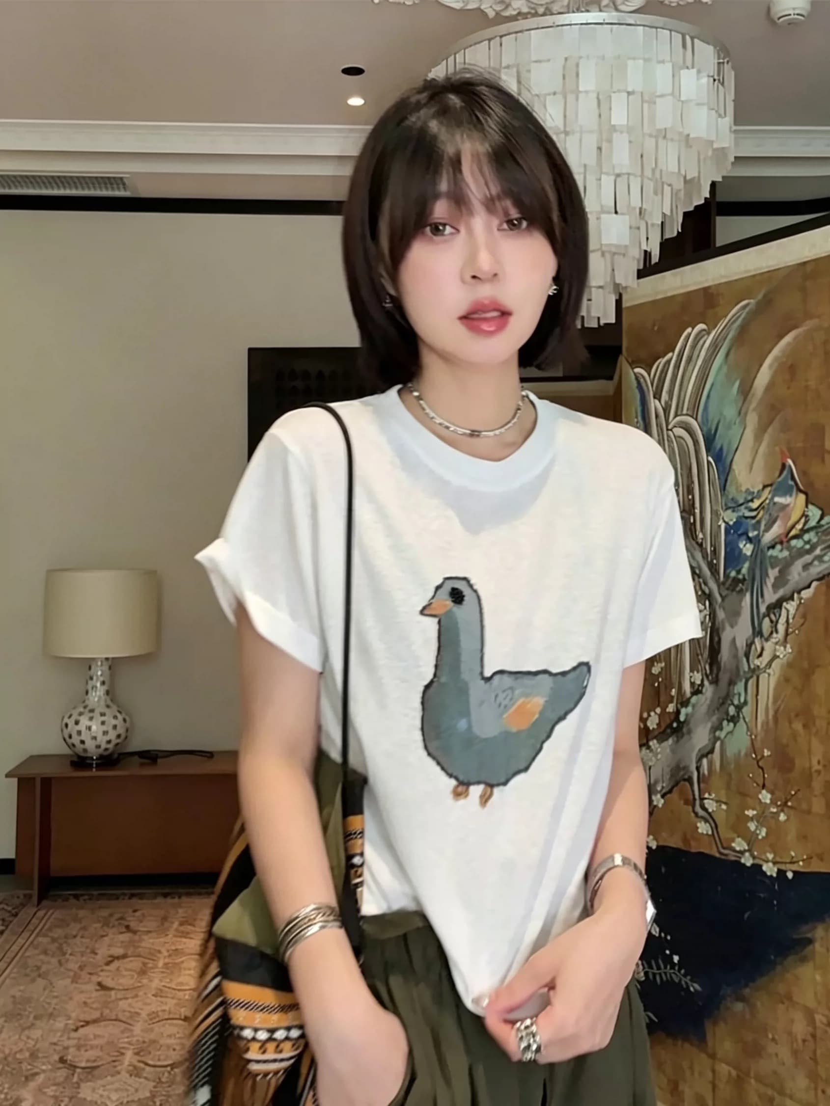 한 부서 만화 비둘기 프린트 화이트 눈꽃 면 반팔 여성 여름 얇은 스타일 차가운 센스 마이크로 ~을 통해 루즈핏 티셔츠 맨위 상세 이미지 1