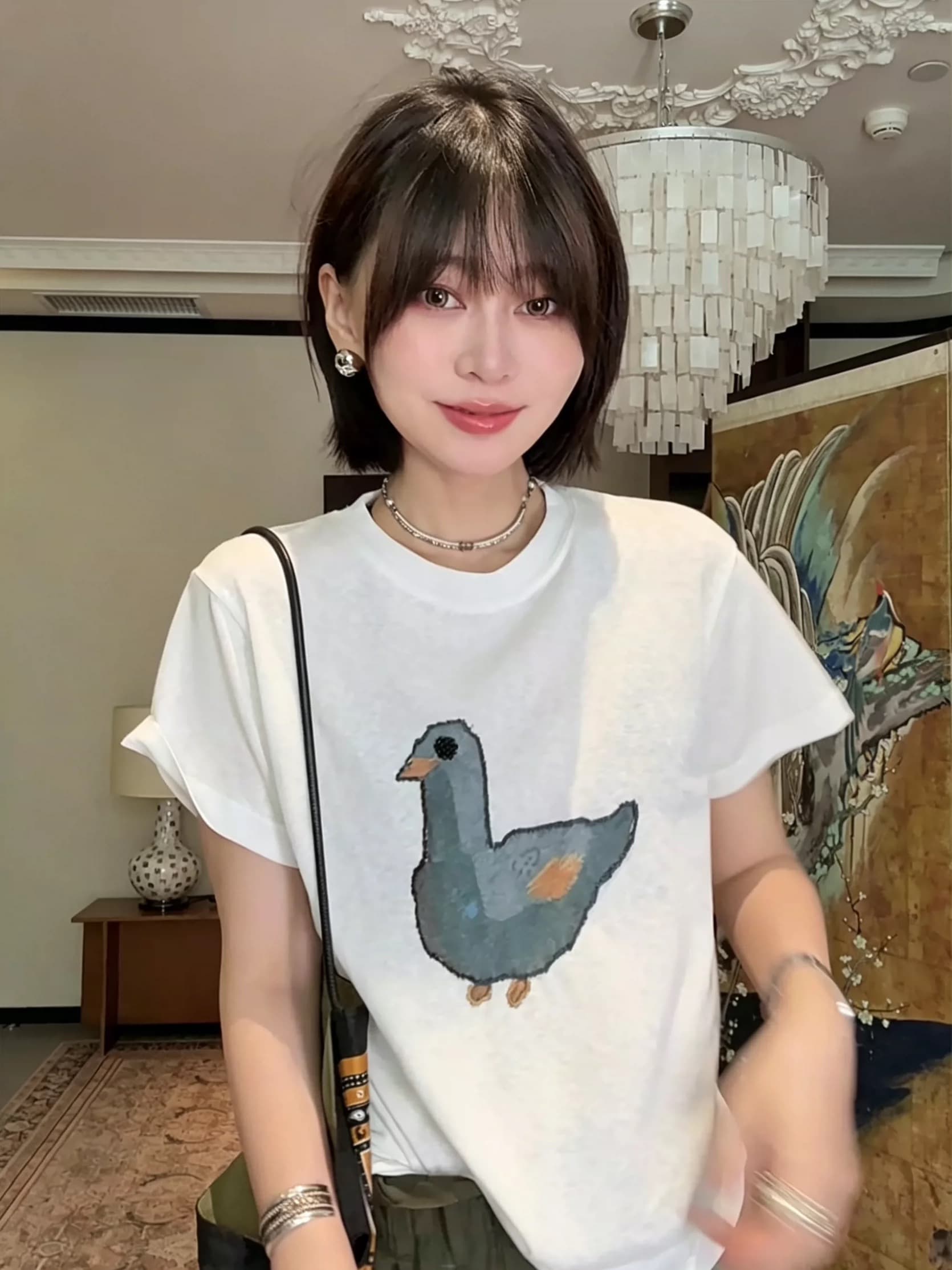 한 부서 만화 비둘기 프린트 화이트 눈꽃 면 반팔 여성 여름 얇은 스타일 차가운 센스 마이크로 ~을 통해 루즈핏 티셔츠 맨위 상세 이미지 2