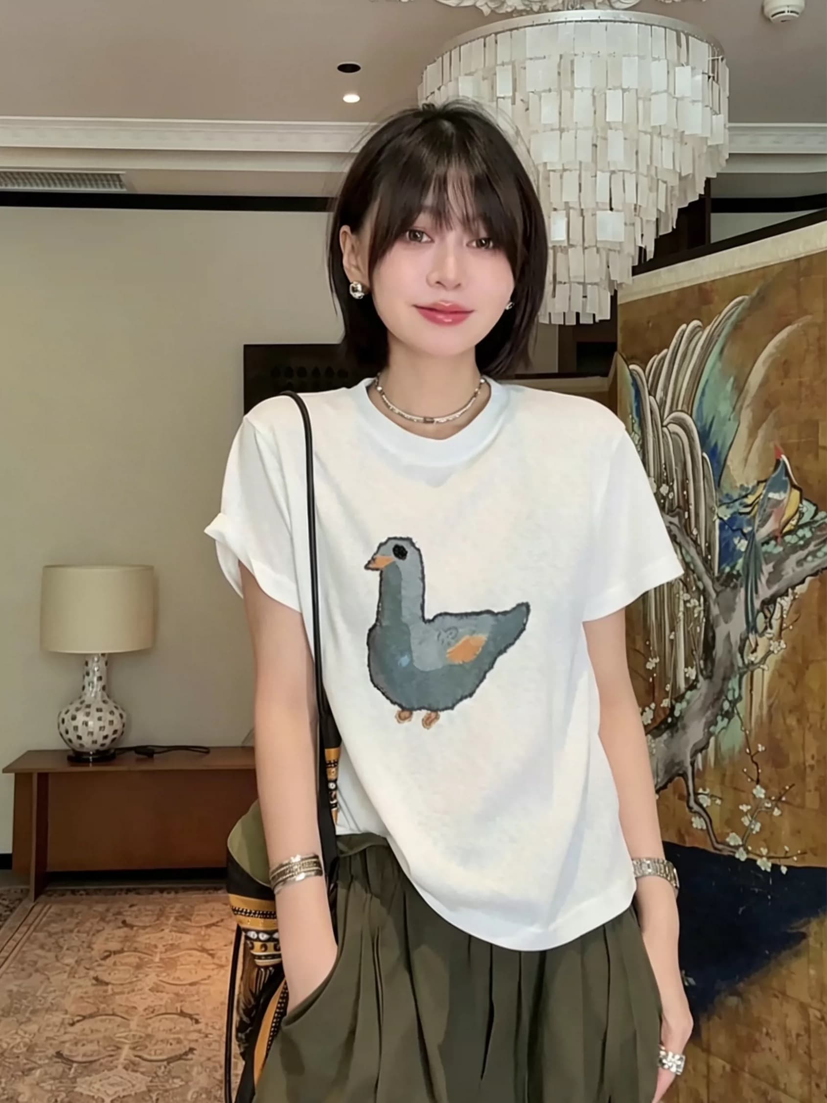 한 부서 만화 비둘기 프린트 화이트 눈꽃 면 반팔 여성 여름 얇은 스타일 차가운 센스 마이크로 ~을 통해 루즈핏 티셔츠 맨위 상세 이미지 3