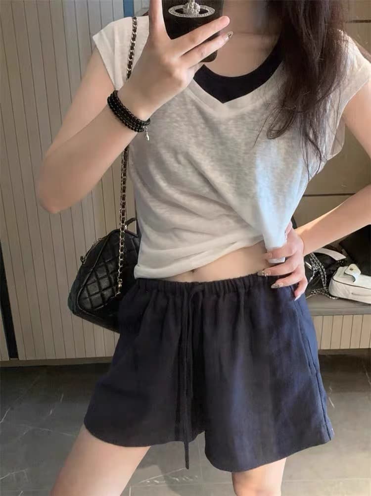 화이트 라미 면 린넨 반바지 여성 외출용 여름 허리밴드 한 마디 캐주얼 와이드 레그 팬츠 오래된 돈 바람 아마 바지 이미지 3