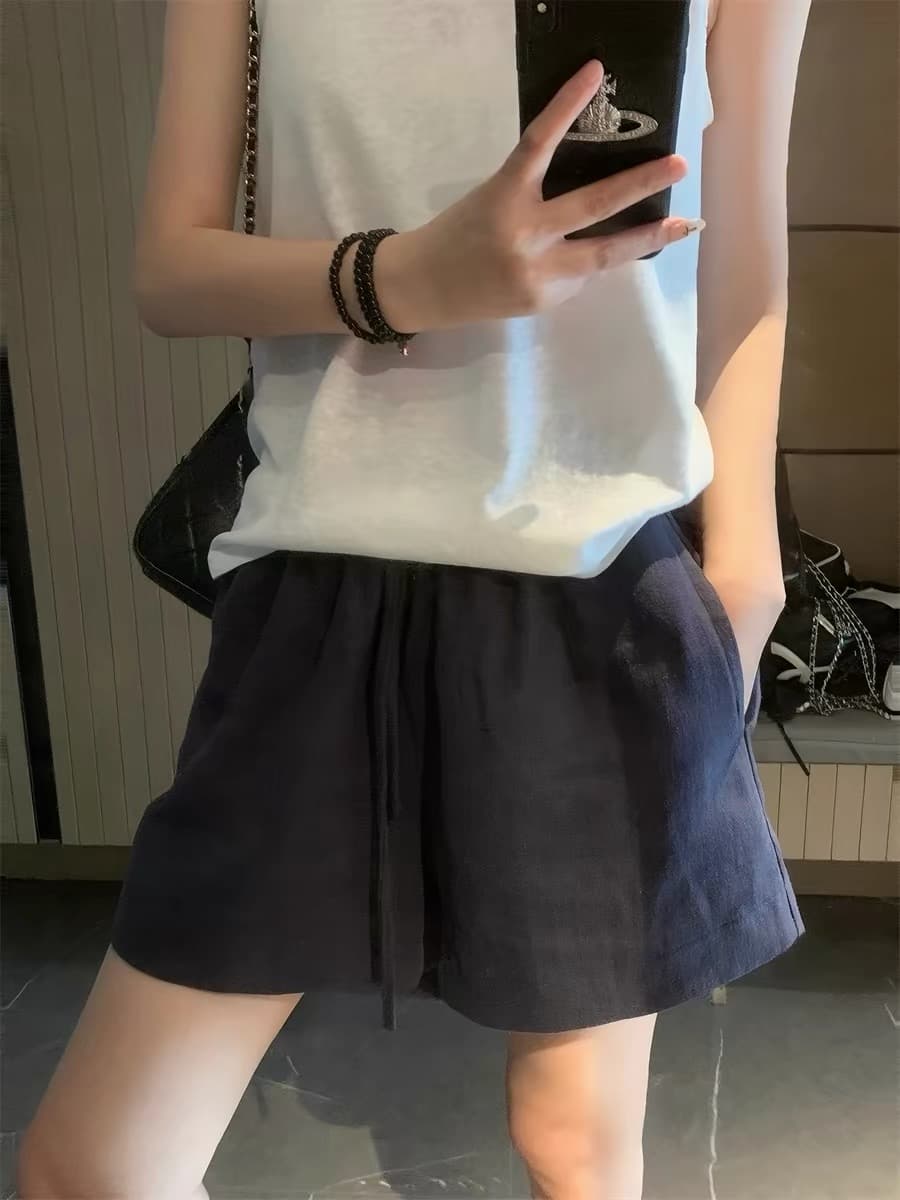 화이트 라미 면 린넨 반바지 여성 외출용 여름 허리밴드 한 마디 캐주얼 와이드 레그 팬츠 오래된 돈 바람 아마 바지 상세 이미지 4