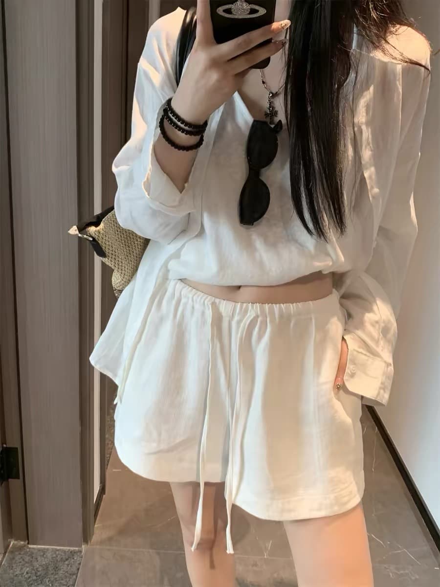 화이트 라미 면 린넨 반바지 여성 외출용 여름 허리밴드 한 마디 캐주얼 와이드 레그 팬츠 오래된 돈 바람 아마 바지 상세 이미지 5