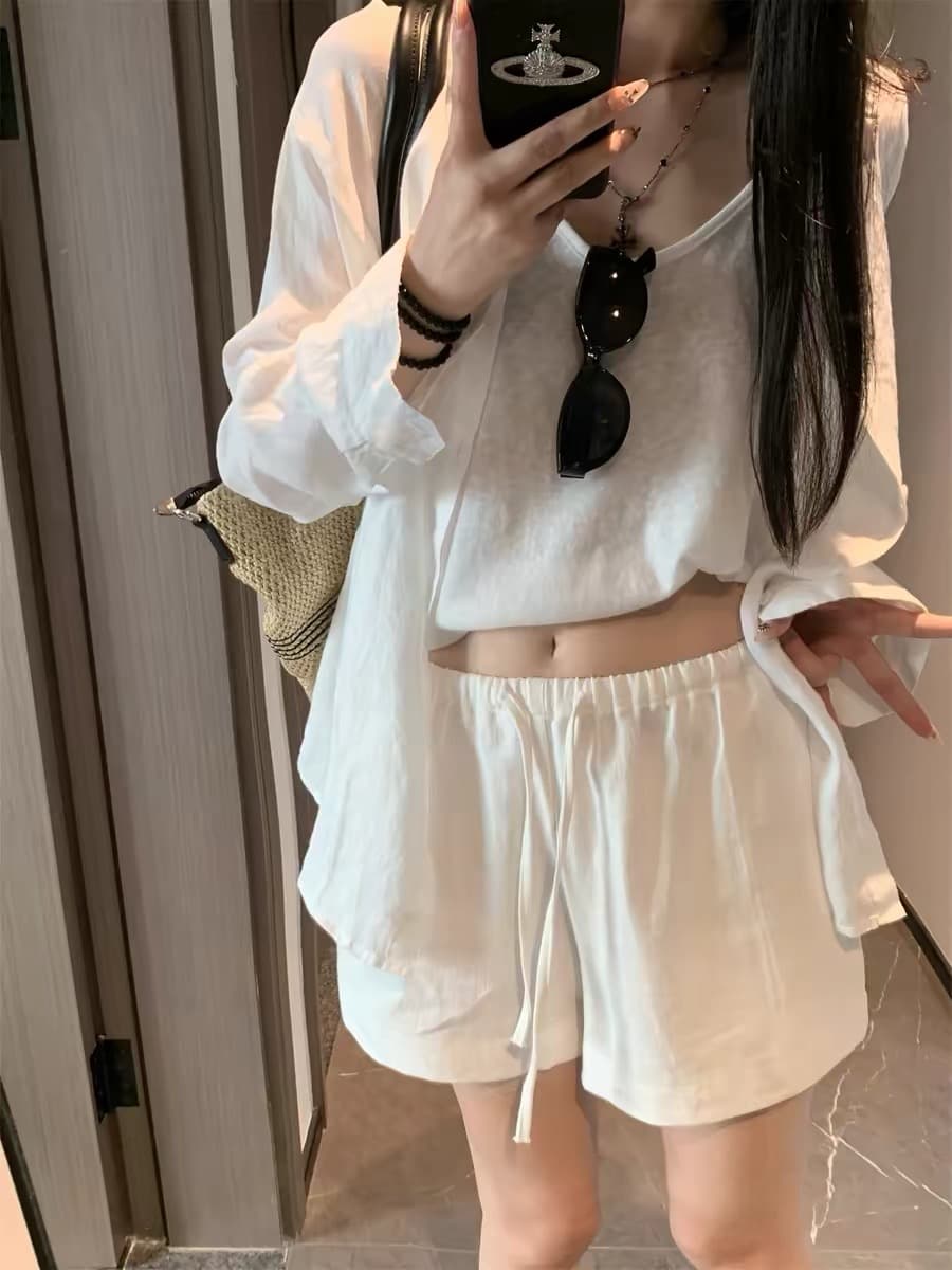 화이트 라미 면 린넨 반바지 여성 외출용 여름 허리밴드 한 마디 캐주얼 와이드 레그 팬츠 오래된 돈 바람 아마 바지 상세 이미지 6