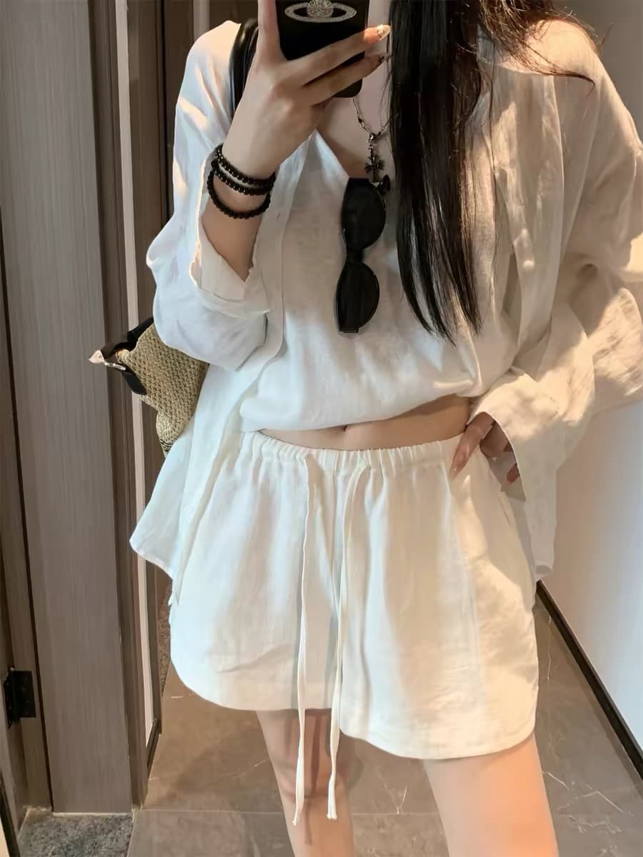 화이트 라미 면 린넨 반바지 여성 외출용 여름 허리밴드 한 마디 캐주얼 와이드 레그 팬츠 오래된 돈 바람 아마 바지 상세 이미지 7