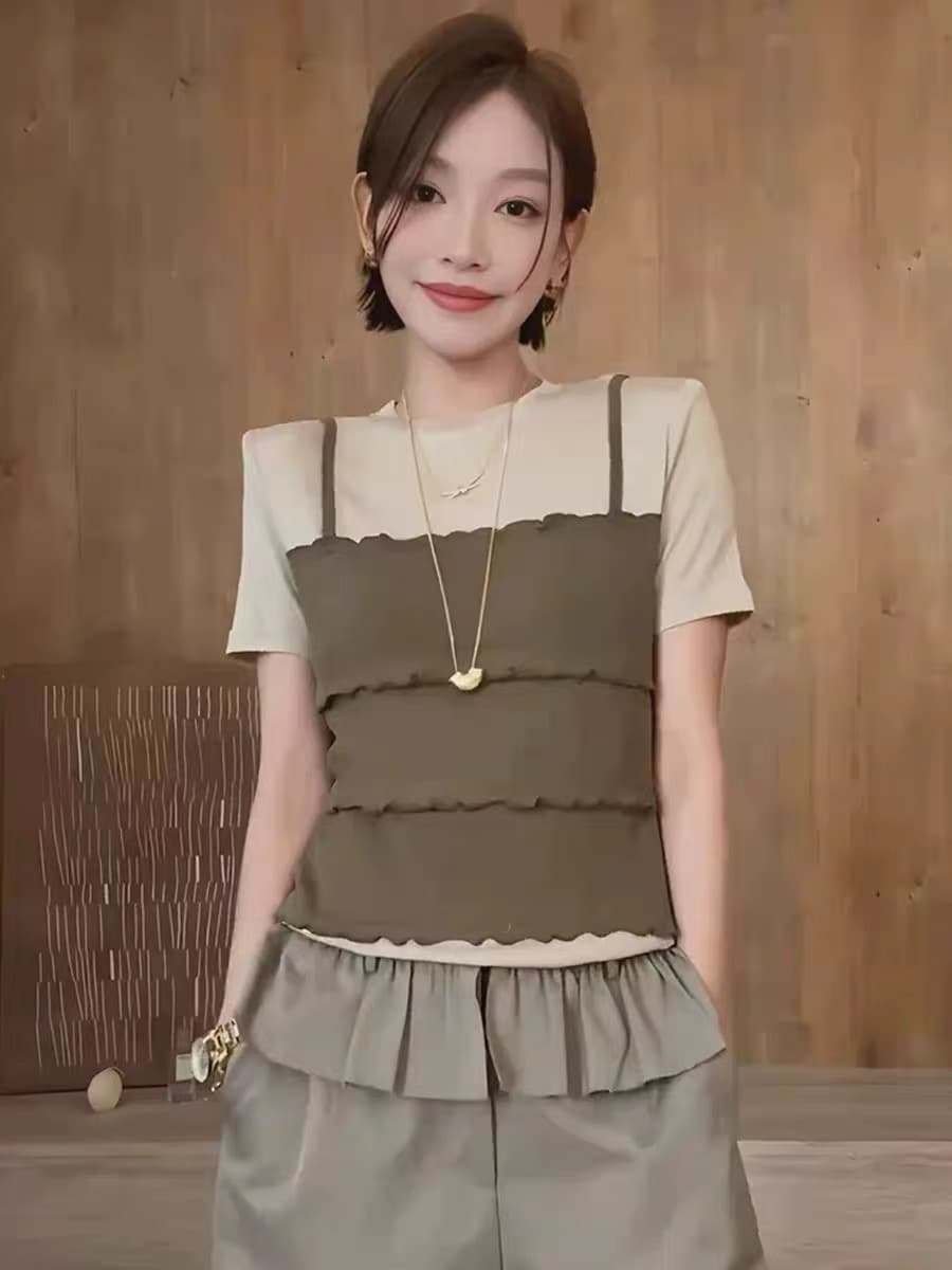페이크 레이어드 슬립 패치워크 반팔 티셔츠 여성 2026 여름 한국 스타일 슬림해 보이는 캐주얼 다용도 스택 착용 맨위 상세 이미지 4