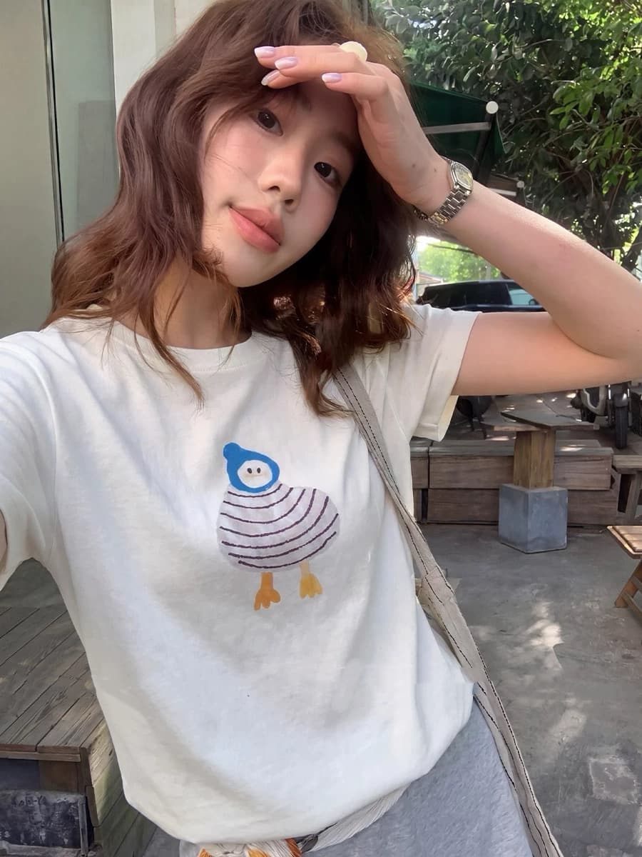 화이트 재미있는 프린트 긍정적 인 어깨 반팔 티셔츠 여성 여름 디자인 센스 루즈핏 슬림해 보이는 쇼트 스타일 동정 반소매 맨위 상세 이미지 3
