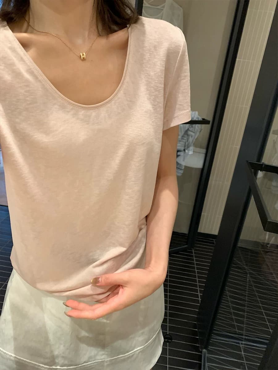 한 부서 커피 색상 볼륨 측면 u 칼라 긍정적 인 어깨 반팔 티셔츠 여성 여름 디자인 센스 루즈핏 쇼트 스타일 동정 아름다운 작은 맨위 이미지 3
