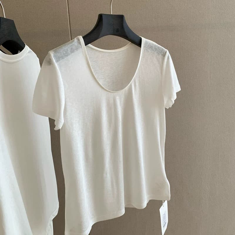 한 부서 커피 색상 볼륨 측면 u 칼라 긍정적 인 어깨 반팔 티셔츠 여성 여름 디자인 센스 루즈핏 쇼트 스타일 동정 아름다운 작은 맨위 이미지 4