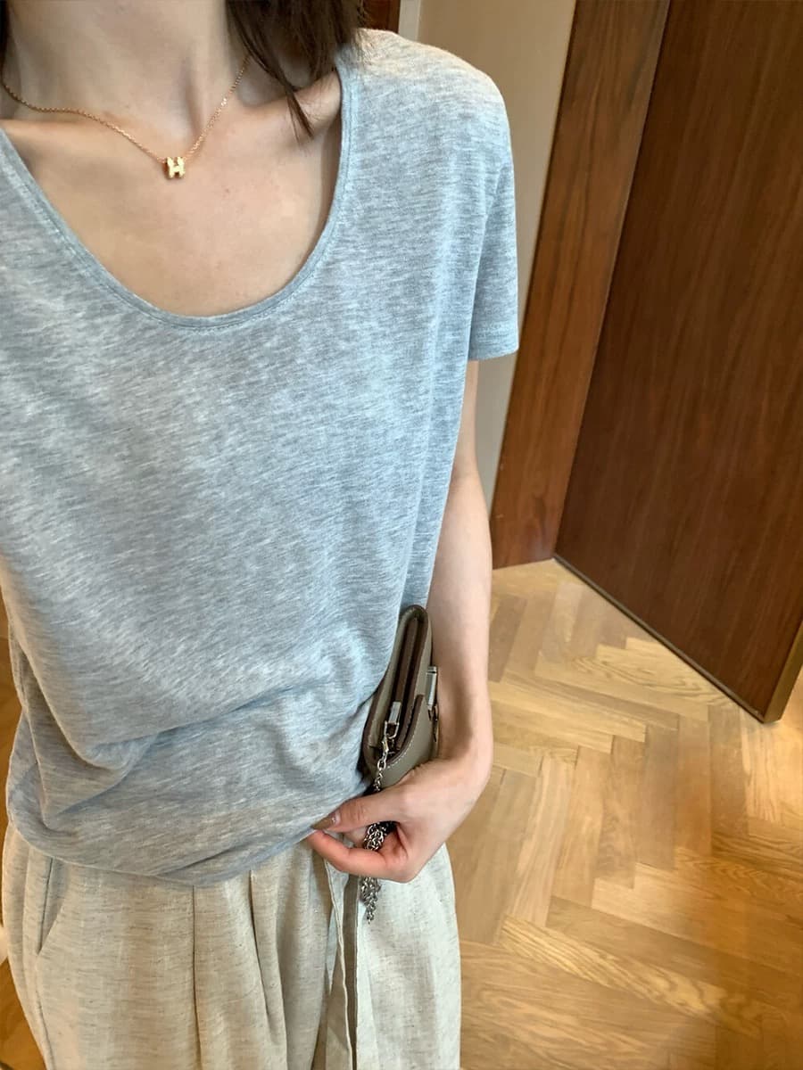 한 부서 커피 색상 볼륨 측면 u 칼라 긍정적 인 어깨 반팔 티셔츠 여성 여름 디자인 센스 루즈핏 쇼트 스타일 동정 아름다운 작은 맨위 상세 이미지 5
