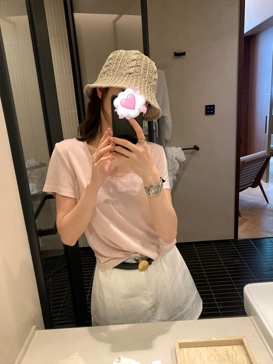 한 부서 커피 색상 볼륨 측면 u 칼라 긍정적 인 어깨 반팔 티셔츠 여성 여름 디자인 센스 루즈핏 쇼트 스타일 동정 아름다운 작은 맨위 상세 이미지 6