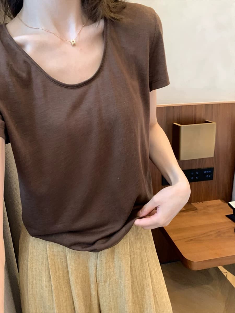 한 부서 커피 색상 볼륨 측면 u 칼라 긍정적 인 어깨 반팔 티셔츠 여성 여름 디자인 센스 루즈핏 쇼트 스타일 동정 아름다운 작은 맨위 상세 이미지 7