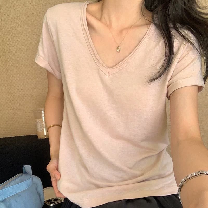 핑크색 V넥 볼륨 측면 긍정적 인 어깨 반팔 티셔츠 여성 여름 착용 가져 가라. 디자인 센스 몸매 가꾸기 쇼트 스타일 동정 아름다운 작은 맨위