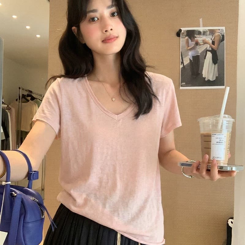 핑크색 V넥 볼륨 측면 긍정적 인 어깨 반팔 티셔츠 여성 여름 착용 가져 가라. 디자인 센스 몸매 가꾸기 쇼트 스타일 동정 아름다운 작은 맨위 이미지 2
