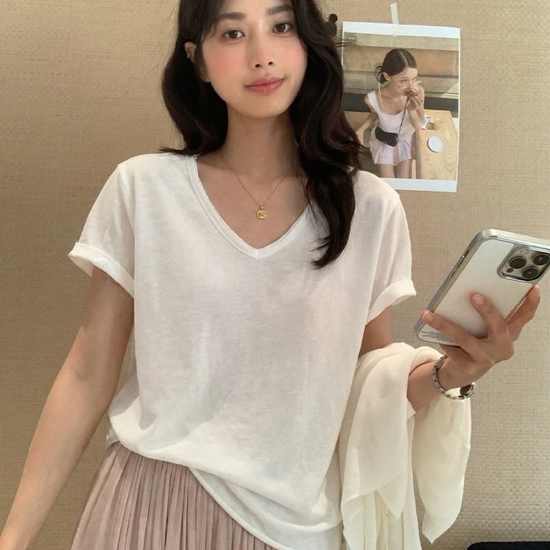 핑크색 V넥 볼륨 측면 긍정적 인 어깨 반팔 티셔츠 여성 여름 착용 가져 가라. 디자인 센스 몸매 가꾸기 쇼트 스타일 동정 아름다운 작은 맨위 이미지 4