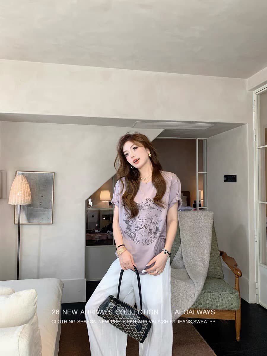 보라색 디스플레이 화이트 프린트 티셔츠 여성 새로운 느긋한 바람 아메리칸 레트로 맨위 이미지 3