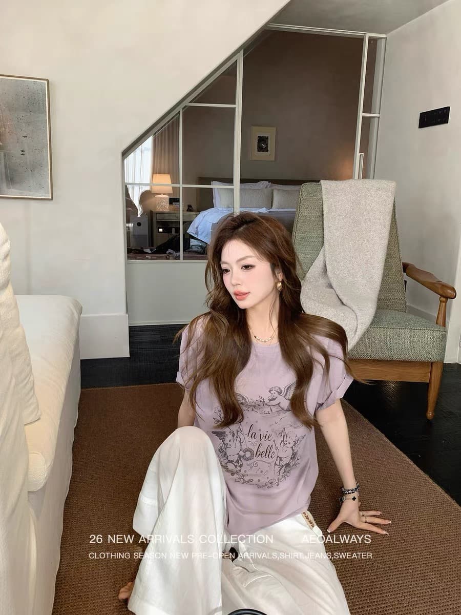 보라색 디스플레이 화이트 프린트 티셔츠 여성 새로운 느긋한 바람 아메리칸 레트로 맨위 상세 이미지 1