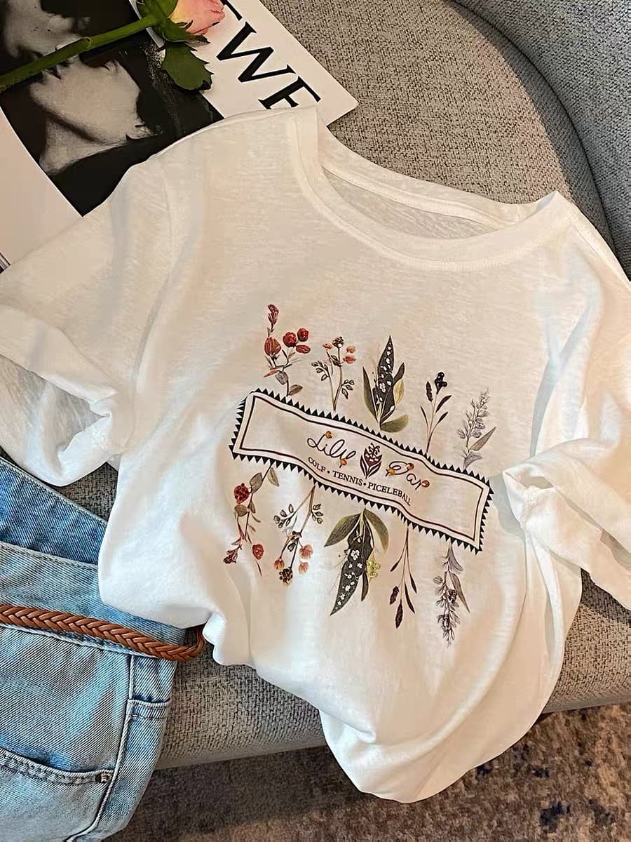 오래된 돈 바람 아마 꽃 프린트 화이트 라운드 넥 반팔 티셔츠 여성 여름 얇은 루즈핏 Chic 긍정적 인 어깨 의류