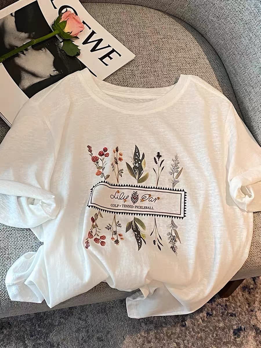 오래된 돈 바람 아마 꽃 프린트 화이트 라운드 넥 반팔 티셔츠 여성 여름 얇은 루즈핏 Chic 긍정적 인 어깨 의류 상세 이미지 2