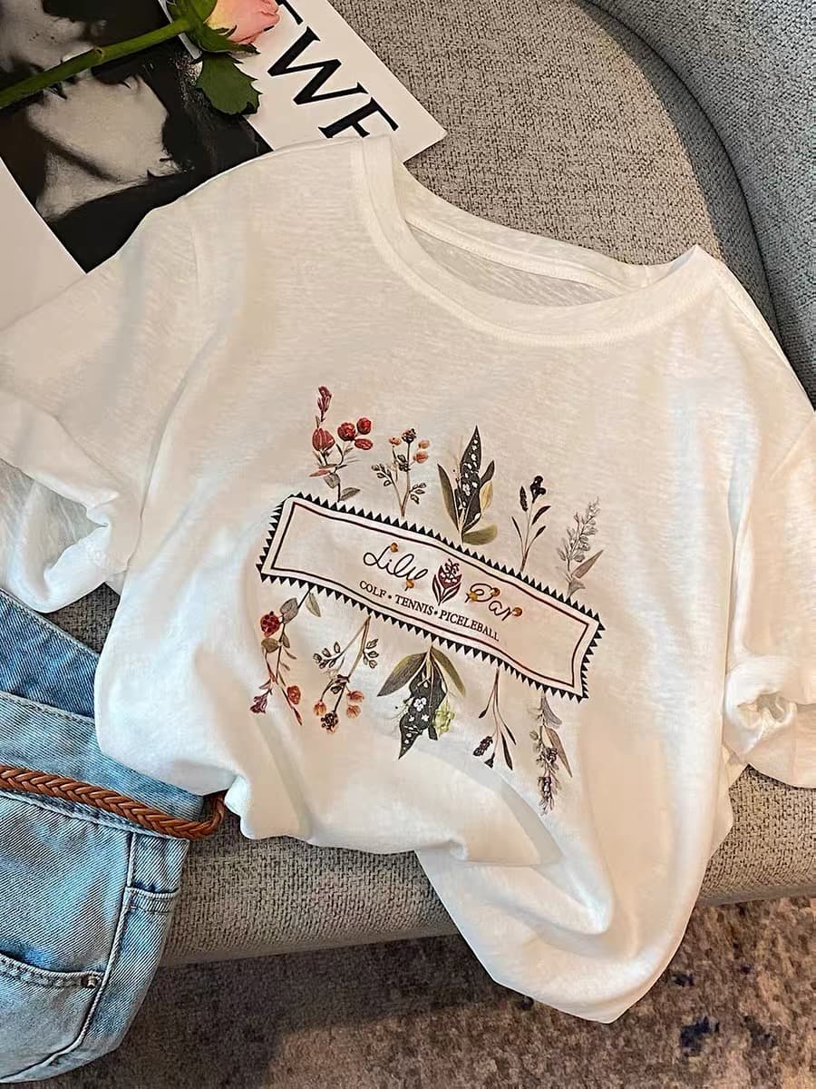 오래된 돈 바람 아마 꽃 프린트 화이트 라운드 넥 반팔 티셔츠 여성 여름 얇은 루즈핏 Chic 긍정적 인 어깨 의류 상세 이미지 3