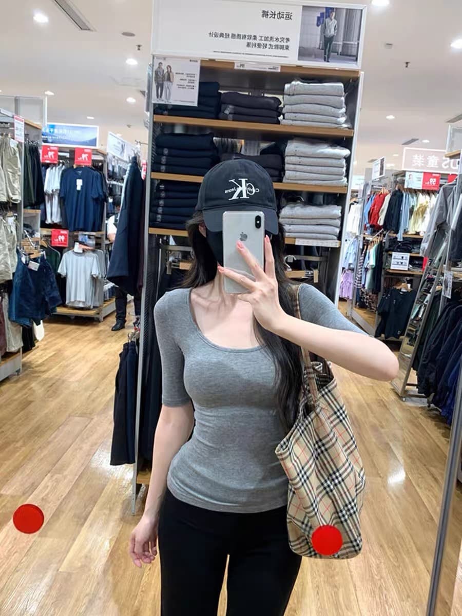 핫걸 순수한 욕망 섹시함 u 칼라 중간 소매 티셔츠 여성 여름 기초 섹션 모래 시계 허리 만화 몸 몸매 가꾸기 만나는 맨위 이미지 2