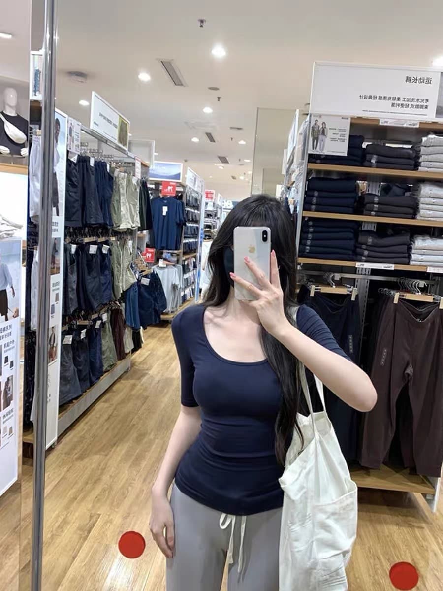 핫걸 순수한 욕망 섹시함 u 칼라 중간 소매 티셔츠 여성 여름 기초 섹션 모래 시계 허리 만화 몸 몸매 가꾸기 만나는 맨위 상세 이미지 2