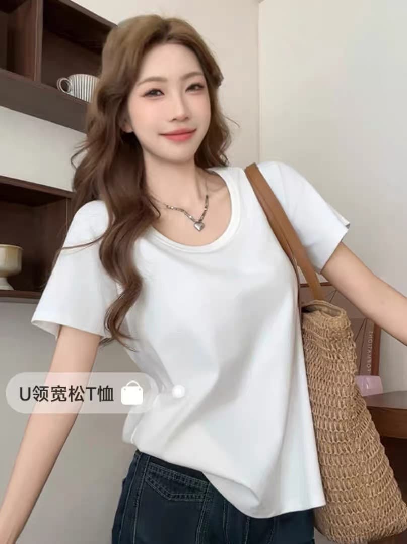 핑크색 루즈핏 u 칼라 반팔 티셔츠 여성 여름 도파민 캐주얼 느긋한 바람 다용도 단색 맨위 이미지 2