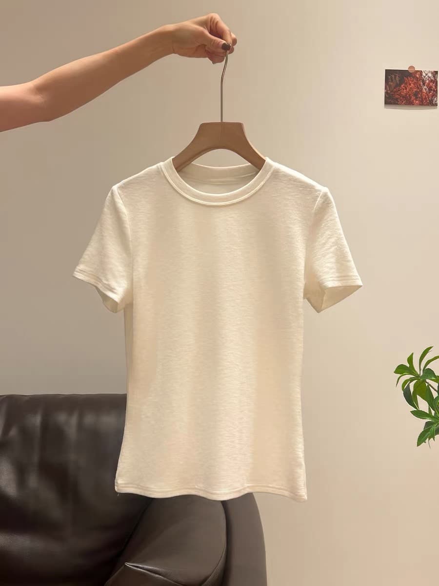 화이트 질감 센스 라운드 넥 긍정적 인 어깨 티셔츠 여성 여름 새로운 미니멀리즘 캐주얼 반팔 패션 다용도 품격 맨위 상세 이미지 1