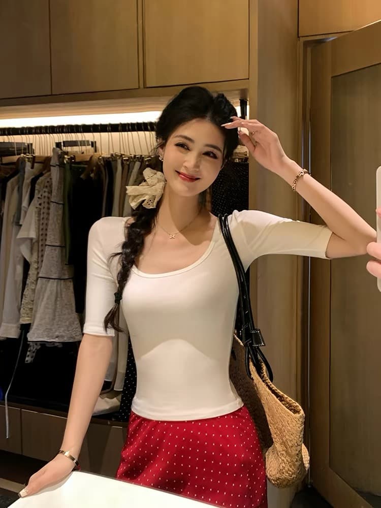 가면 t u 칼라 품격 몸매 가꾸기 슬림해 보이는 중간 소매 티셔츠 여성 여름 5 점 반팔 맨위 상세 이미지 3