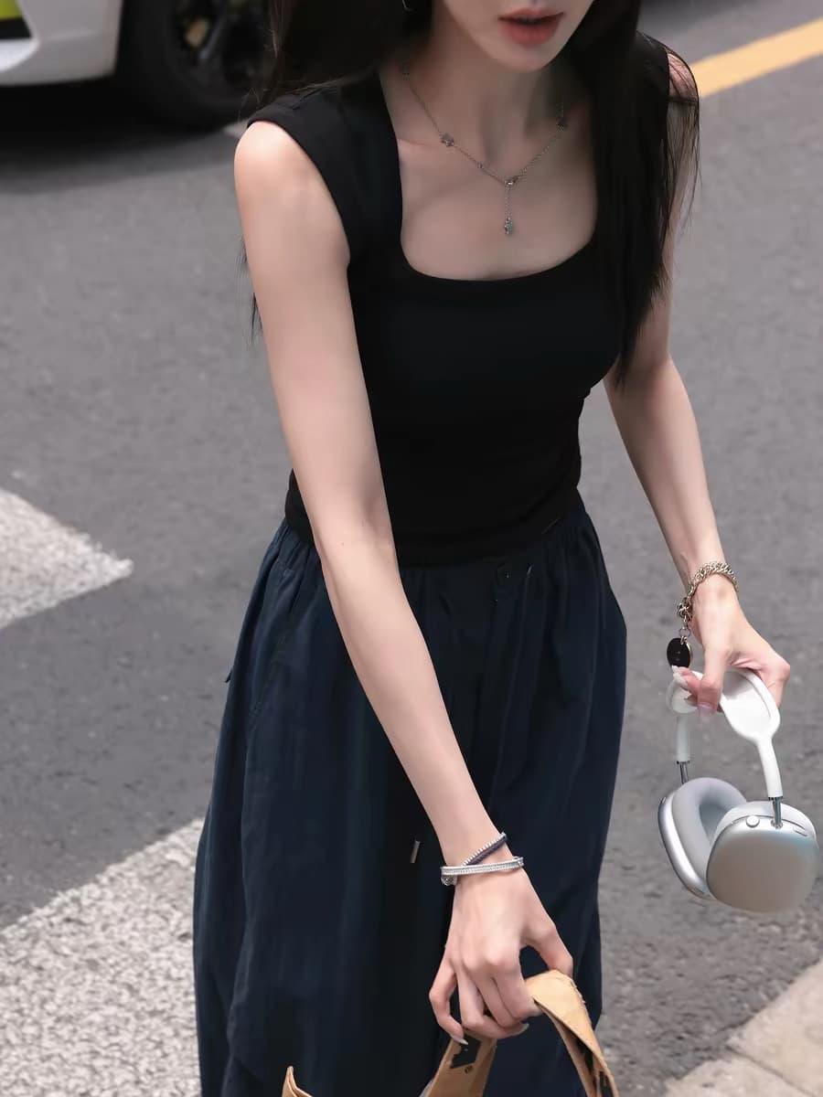 핫걸 몸매 가꾸기 슬림해 보이는 조끼 여성 레저 다용도 아메리칸 u 칼라 민소매 맨위 여름 이미지 2